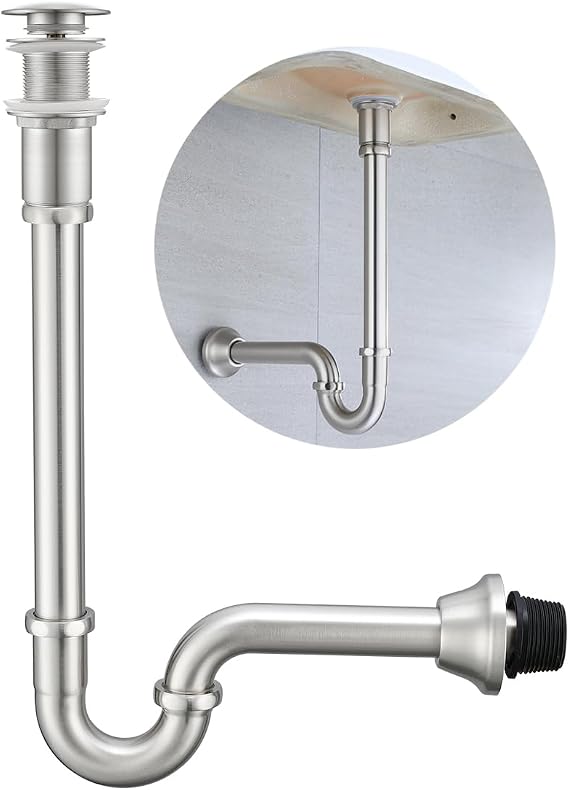 Brass P Trap with Pop Up Drain Stopper,U-Shape 1 1/4 Slip Joint Extension Tub Sink Drain Pipe,12 inch Pipe length Adjustable Height Sink Waste Trap Drain Kit,Without Overflow,Brushed Nickel