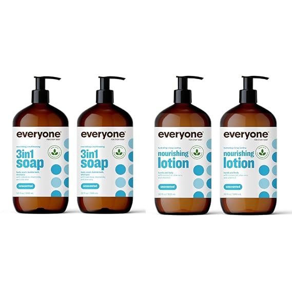 Bundle of Everyone 3-in-1 Soap, Body Wash, Bubble Bath, Shampoo, 32 Ounce (Pack of 2), Unscented + Everyone Nourishing Hand and Body Lotion, 32 Ounce (Pack of 2), Unscented