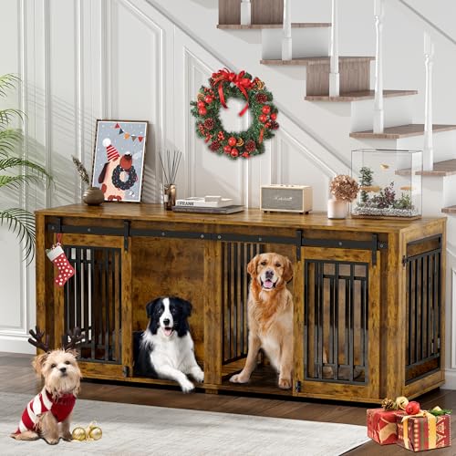 Large Dog Crate Furniture for 2 Dogs, Upgrade 71 Pro XXL Sliding Door Heavy Duty Dog Kennel Furniture with Divider, Steel Frame Indoor Double Dog Crate for Large Medium Small Dogs, Brown