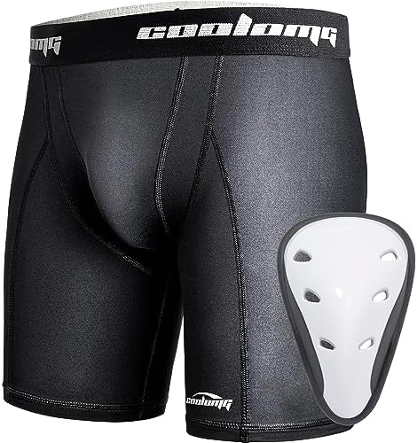 COOLOMG Youth Boys Compression Shorts with Protective Cup Athletic Sports Underwear for Baseball Football Lacrosse Hockey