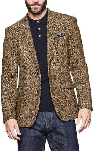 Wangyue Mens Slim Fit Herringbone Tweed Blazer Jacket Casual Sport Coat Bussiness Groomsmen Prom Autumn Jackets