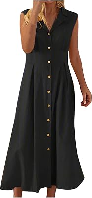Notch Lapel Button Down Shirt Dresses for Women Summer Casual Sleeveless Cotton Linen Pleated Midi Dress Flowy Sundress