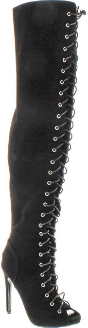 CR Olga Thigh High Open Toe Stiletto Heel Lace Up Full Zipper Boots Nubuck