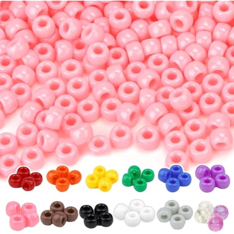 Dowsabel Pink Pony Beads Bulk 1000 Pcs 6x9mm, Large Hole Kandi Hair Beads for Braids Bracelets, DIY Friendship Bracelets Necklaces Jewelry Making Crafts and Gifts