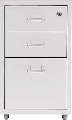 File Cabinet, 3 Drawer File Cabinet with Storage on Wheels, Metal Mobile File Cabinet with Lock, Filing Cabinet fits A4, Legal Paper and Letter Paper for Home Office, White, 11 x 16 x 18.3