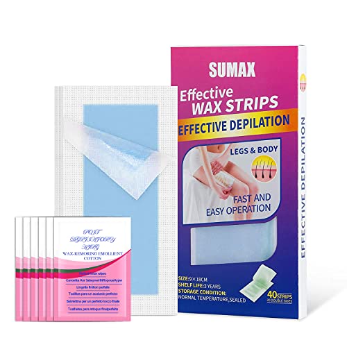 Sumax Wax Strips, 40 Strips Body Wax Strips for Women and Men, Wax Strips for Hair Removal, Waxing Kit for Women, Bikini Wax Kit for Women for All Skin Types Blue