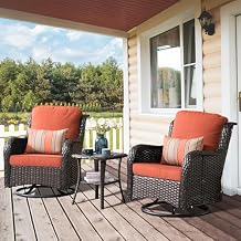 Patio Swivel Rocking Chair Set of 2 with Coffee Table, Outdoor Wicker Rocker Chairs with Weather Resistant Rattan, Comfy Deep Seat Glider Chair for Porch Balcony(Coffe Rattan, Orange)