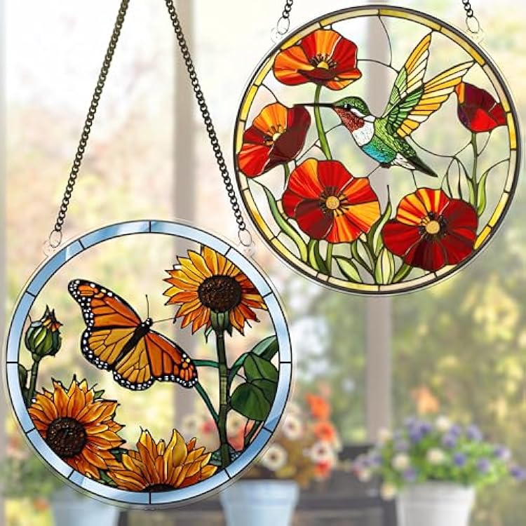 2 Hummingbird Butterfly Acrylic Suncatchers, 6 Suncatchers for Window Hanging Indoor, Art Decor for Home, Garden, Housewarming, Gift for Mom, Grandma, Women, Friend, Bird Lover SCB-A6-B2