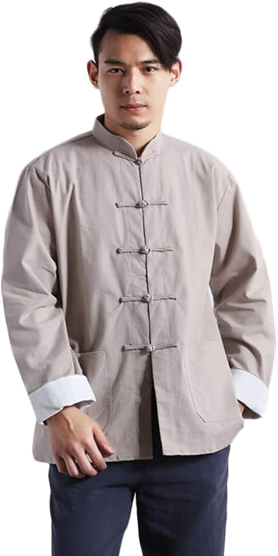 LZJN Men's Cotton Linen Kung Fu Shirt Tang Suit Tai Chi Blouse Long Sleeve Frog Button Coat Jacket
