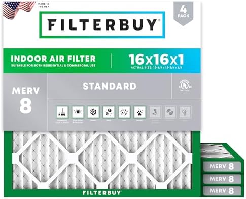 Filterbuy 16x16x1 Air Filter MERV 8 Essential Dust & Allergy Defense (4-Pack), Electrostatic Pleated HVAC AC Furnace Filters Replacement (Actual Size: 15.75 x 15.75 x 0.75)