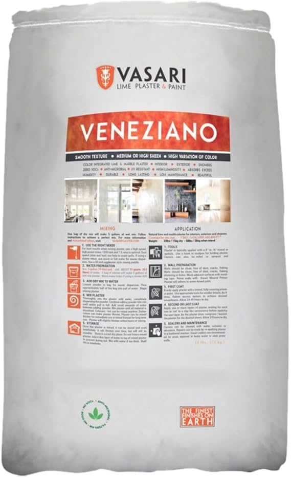 VASARI Lime Plaster & Paint | Veneziano Plaster (Smooth Finish) | Made from Natural Lime and Powdered Marble | color: Natural white #1 | Dry Mix (Makes 5 Gallons Plaster)