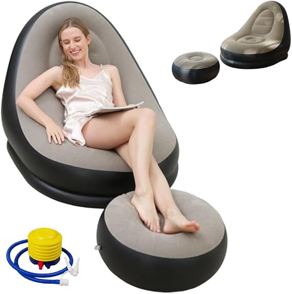 Inflatable Lounge Chair for Adults with Footstool, 2-Piece Flocked Blow Up Sofa Set, Portable Air Couch for Indoor Outdoor Camping Gaming, Comfortable Recliner with Pump for Home Garden, Coffee