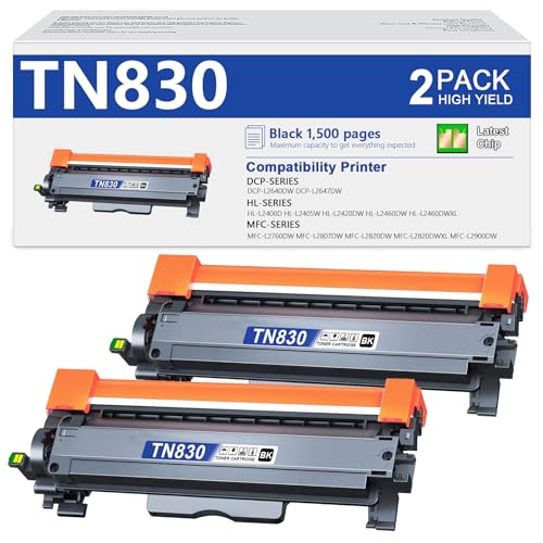 TN830 Toner Cartridge Black, 2-Pack Replacement for Brother TN830 TN830XL to use with HL-L2460DW HL-L2405W HL-L2400D HL-L2480DW MFC-L2820DW MFC-L2820DWXL Printer