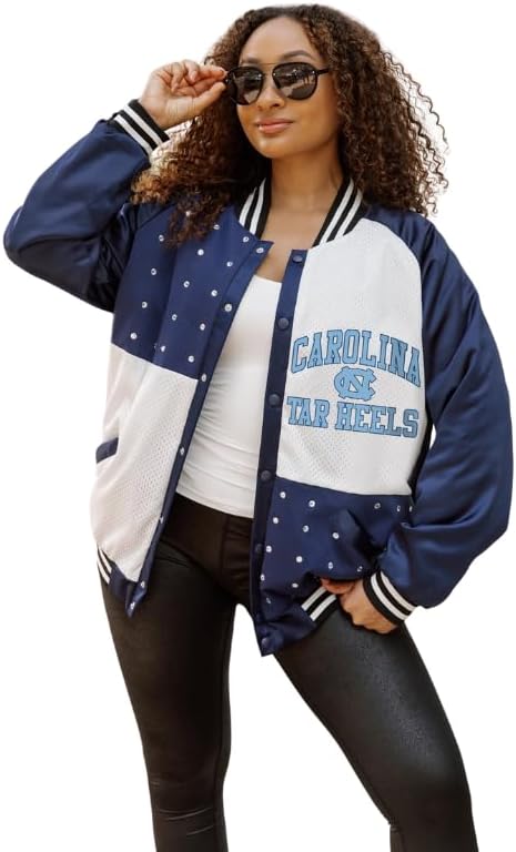 NCAA Womens Varsity Bomber Jacket Snap Front Rhinestone Embellished with Striped Trim, Relaxed Fit Game Day Outerwear