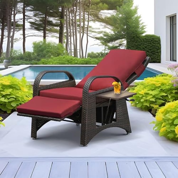 Skypatio IndoorOutdoor Wicker Recliner Chair, Independently Adjustable Backrest and Footrest Patio Recliner Lounge Chair with Flip Side TableRed