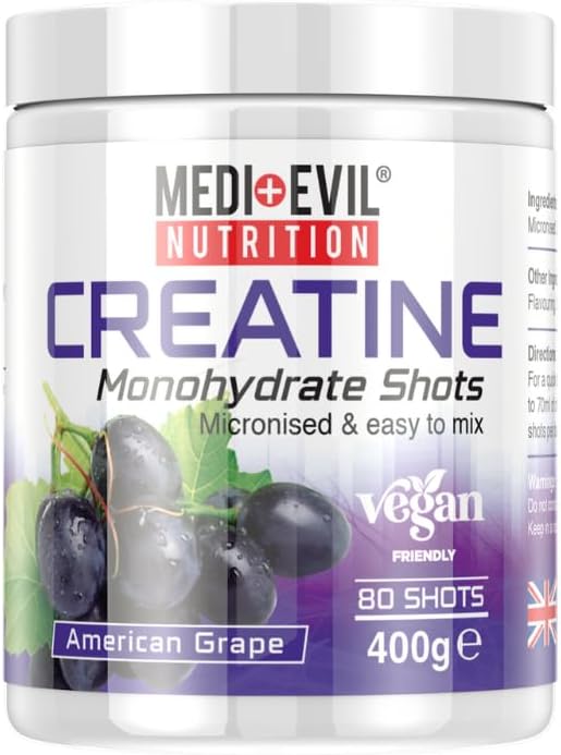 Medi-Evil Nutrition Creatine Monohydrate Powder 400g, American Grape Flavour, Micronised for Easy Mixing, Improves Strength and Physical Performance