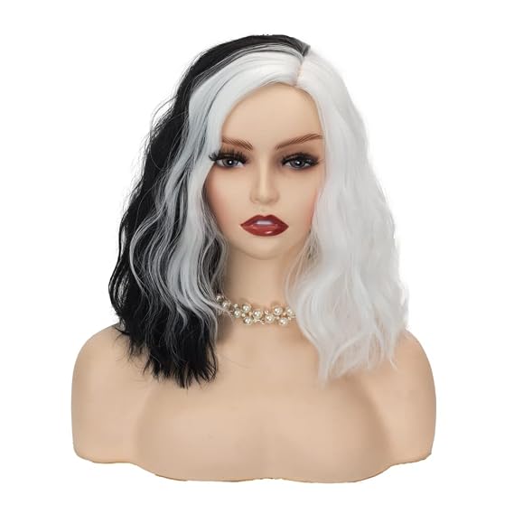 14 inches Black and White Wigs for Women Short Curly Wavy Synthetic Wig for Girl Halloween Costume Party Cosplay Wig (Black and white)