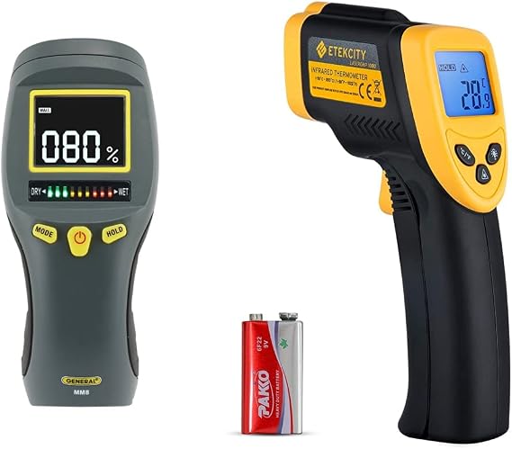 General Tools LCD Moisture Meter #MM8 - Leak and Humidity Detector + Etekcity Infrared Thermometer Temperature Gun 1080