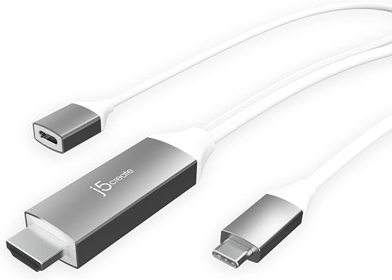 j5create 2-in-1 USB Type C to 4K60 HDMI Digital AV 6ft Cable with 100W Fast Charging Port for iPhone 15 Series, Compatible with Thunderbolt 3/4, Galaxy S24/23, MacBook Pro/Air, iPad (JCC155G)