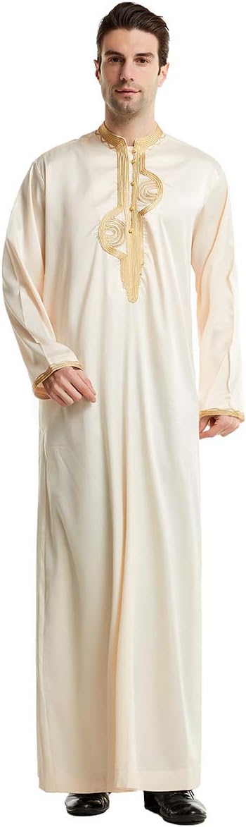XINNI Men Arabic Long Sleeve Embroidery Thobe Stand Collar Kaftan Robe