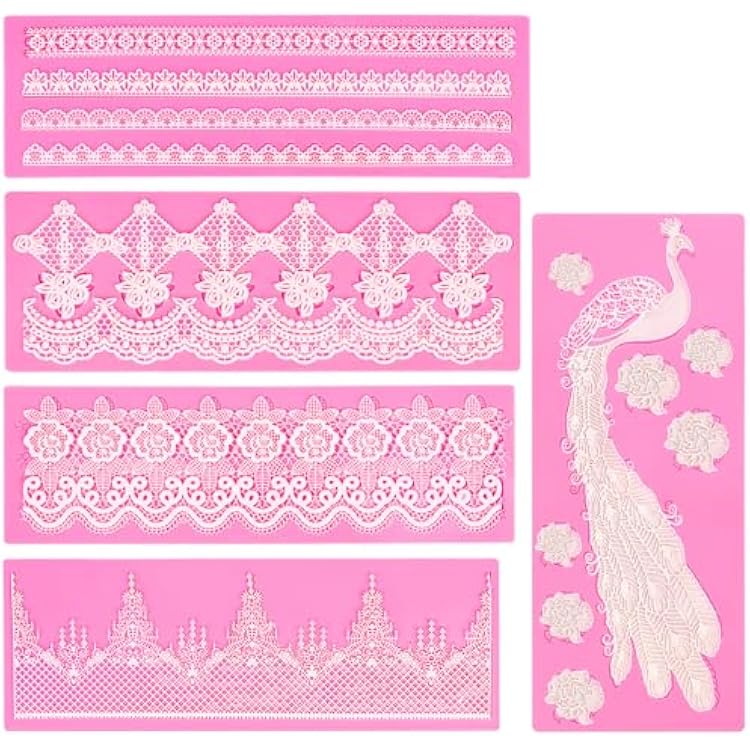 Beasea Silicone Lace Molds, 5pcs Lace Fondant Molds Silicone Cake Pattern Decoration Mats for Party Wedding Cake Decoration Craft DIY - Pink