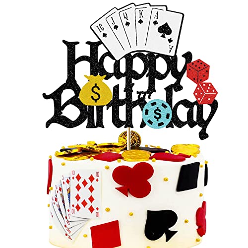 Casino Birthday Cake Topper, Poker Birthday Cake Topper for Men Women, Glitter Vegas Happy Birthday Cake Topper for Adults GamblingThemed Party Decorations Decor
