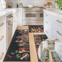 Vaukki Boho Kitchen Rug Sets 3 Pieces, Washable Kitchen Mats for Floor, Non Slip Soft Kitchen Area Rug Floor Mat for Kitchen, Laundry Room and Hallway (Teal+Spice-Black 20''x32''+20''x47''+20''x59'')