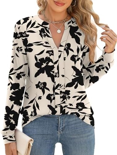 Micoson Womens Tops Dressy Casual Long Sleeve Business Knit T Shirts V Neck Pleated Work Blouses Loose Fall Trendy Clothes