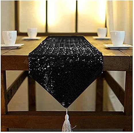 ShinyBeauty Tassel Black Sequin Dresser Scarves or Table Runner 12x72 Inch Elegant Wedding Event Decoration