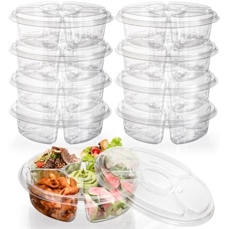 Fit Meal Prep 10 Round Plastic Appetizer Tray with Lid, 8 Pack Divided Serving Platters and Trays with Lids, 5 Compartment Disposable Fruit Veggie Tray Platter for Snack, Party & Buffet