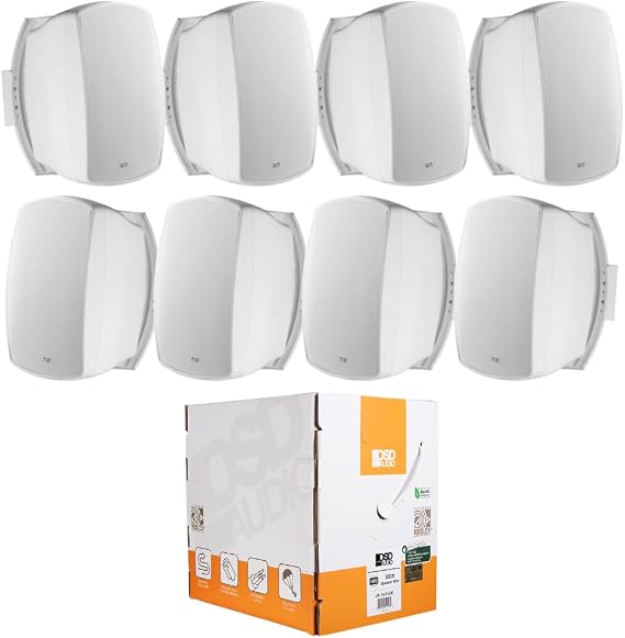 OSD Audio Premium Outdoor Audio System Bundle 8 High-Power AP850 8 White Patio Speakers with Brackets and 500ft Direct Burial 14AWG CL3 Audio Cable