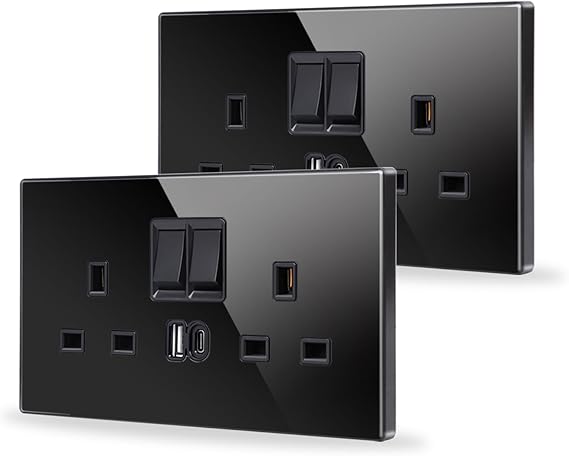 JIMEIDA 2 Pack Double Switched Socket Black 20W Fast Charging 13 Amp with USB A and Type C Charging Ports Crystal Glass Panel Wall Outlet