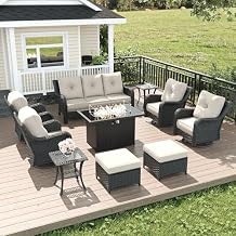 LayinSun 10 Piece Wicker Outdoor Furniture Set with 6-inch Comfy Cushions, High Back Patio Furniture Set with Swivel Rocking Chairs and Fire Pit Table