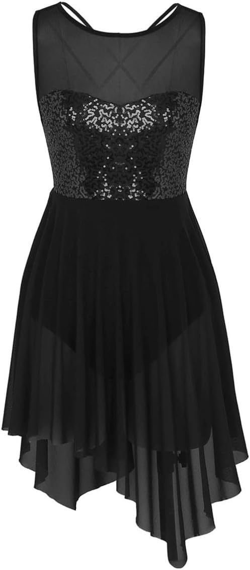 Women Girls Contemporary Lyrical Dance Dress Illusion Sequined Mesh Dresses Asymmetric Skirted Leotard