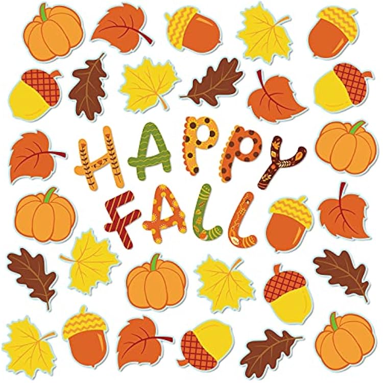 Whaline Happy Fall Cut-Outs Fall Bulletin Board Decorations Thanksgiving Maple Leaves Pumpkin Acorns Cutouts Autumn Harvest Cutouts with 100Pcs Glue Points for School Classroom Wall Decor, 48Pcs