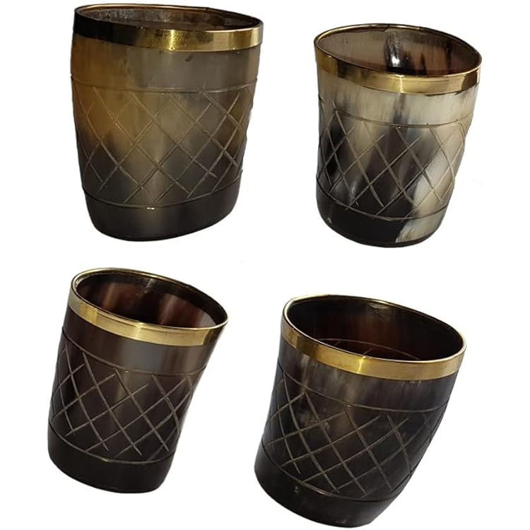 AnNafi Viking Drinking Horn Glass |Set of 4 pieces Handicrafted Buffalo Horn Glasses | 3 inch Polished With Brass Trim For Ale for Partys |Decorative Handmade MugsGlass |Game Of Thrones Collection