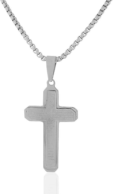 Stainless Steel Large Padre Nuestro Spanish Prayer Mens Cross Necklace, 24"