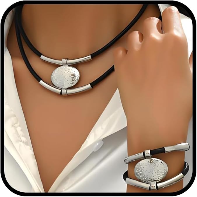 Gold Jewelry Set, Silver Black Boho Western Double Layered Chunky Vintage Pendant Necklace Stack Trendy Adjustable Non Tarnish Bracelet Cowgirl Dainty Hypoallergenic Earrings Jewelry Sets For Women