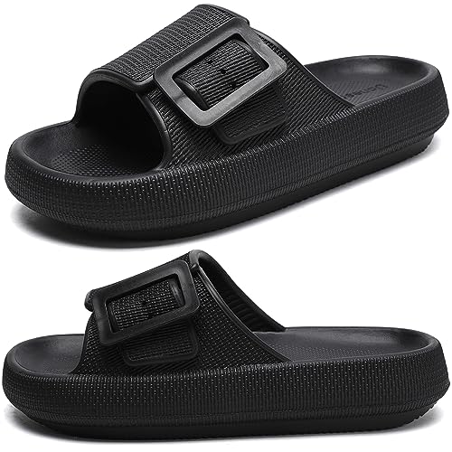 Cloud Slides for Women,Unisex Pillow Slippers Thick Sole Adjustable Buckles EVA Slides Shoes for Women Outdoor&Indoor Platform Sandals Open Toe House Shoes Bathroom SandalsBlack 3738