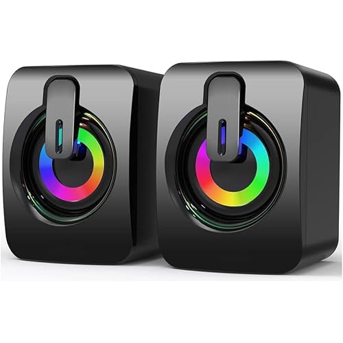 RGB Computer Speakers, USB-Powered PC Speakers with 7-Color LED Backlight, 3.5mm Aux Compact Soundbar for Desktop, Laptop, Tablet Crisp Audio & Space-Saving Design