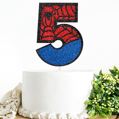 Red Spider Web 5 Cake Topper, Hero Themed 5th Birthday Party Cake Decor for Kids Boys, Five Years Bday Sign, Super Hero Party Favors Decorations Supplies and Ideas