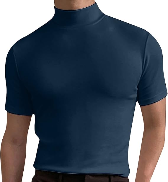 Men's Summer Mock Turtleneck T Shirt Solid High Collar Short Sleeve Tops Basic Slim Undershirt Tees