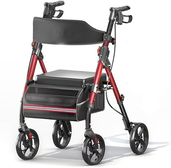 Foldable Rollator Walkers with Seat for Seniors, Lightweight Rollator Walker with 8" Big Wheels, Height Adjustable Ergonomic Rolling Walker Seat, Aluminum and Carbon Steel,Red Black