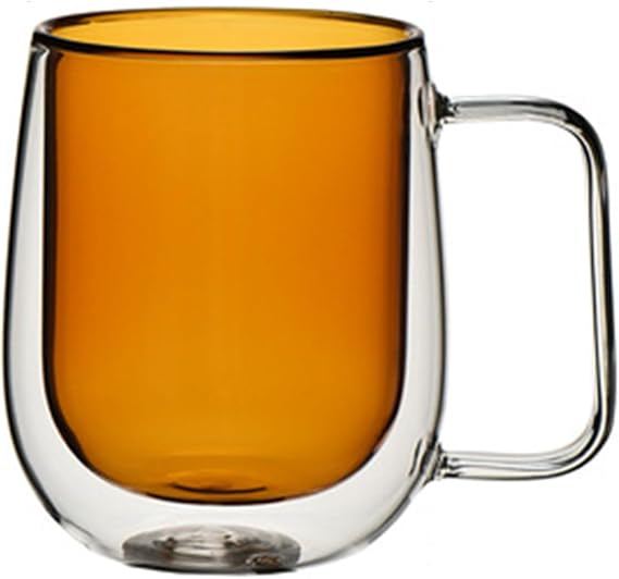 280ML Colored Double Walled Glass Coffee Mugs, Glass Water Cup Milk Cup Tea Mug Insulated Coffee Mug with Handle for Hot&Cold Drink (Amber)
