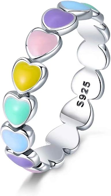 Qings 925 Sterling Silver Multi Color Heart Enamel Band Ring for Women