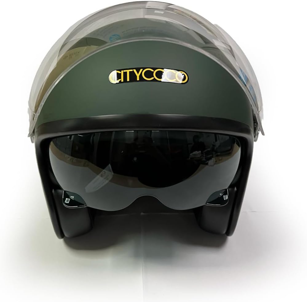 Motosiklet Yarım Kask , Mat Yeşil, Çift Vizörlü, Vintage Stil, Terletme Yapmaz Pedler -L Beden