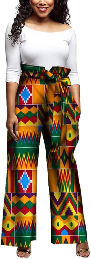 BAZINRICHE Womens African Print Wide Leg Pants Elegant Front Self-Tied Bowknot Long Pants with Pocket