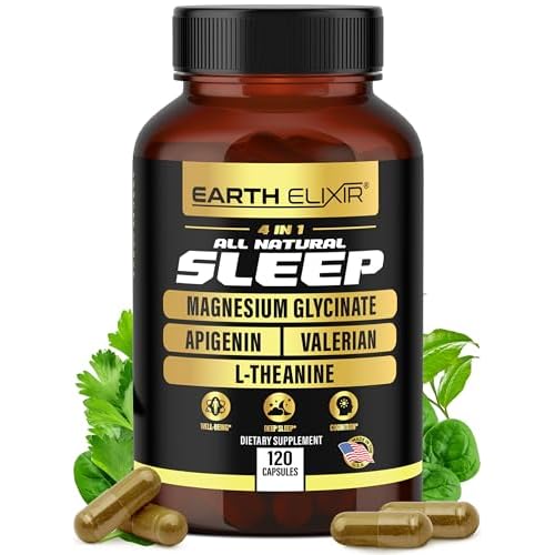 Earth Elixir 4-in-1 Sleep Aid 120 Caps wApigenin 50mg, Magnesium Glycinate 200mg, L Theanine 200mg & Valerian Root for Sleep Aid 300mg | Apigenin Supplement for Sleep | Sleeping Pills