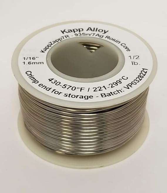 KappZapp7R 7% Silver Rosin cored 1/16" (1.6mm) solder for Copper, Brass, Stainless Steel 12 pound spool