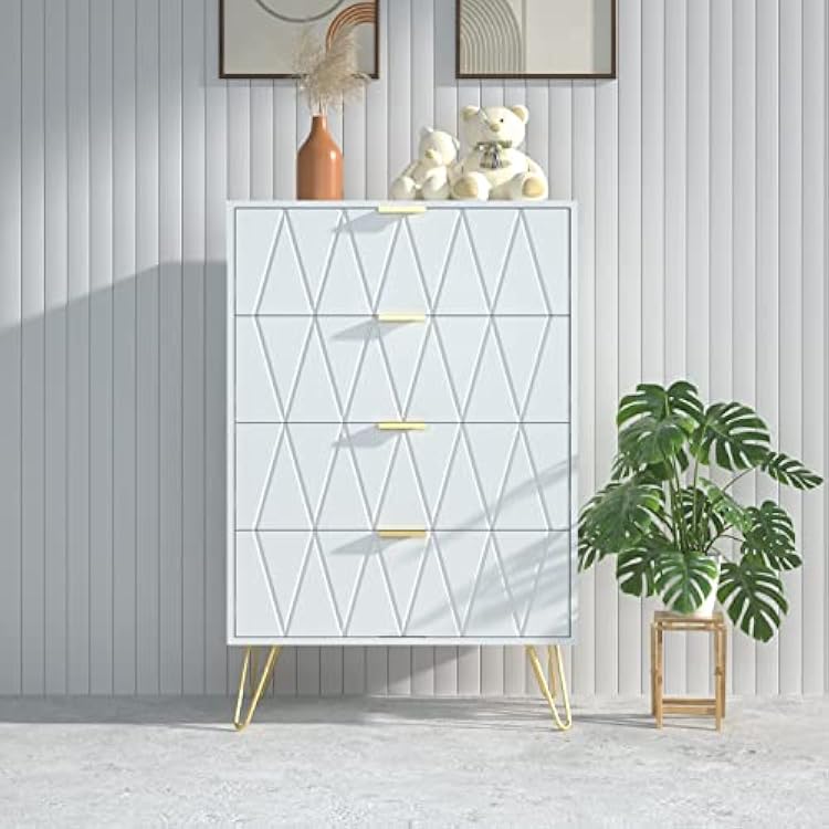 Pongsona Grooved Pattern 4 Drawer Dresser,Modern Chest of Drawers with Gold Handles,White Dresser for Bedroom,Living Room,Entryway